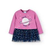 Vestido Combinado Manga Larga Tul Estrellas Morado